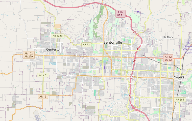 Street map of the Bentonville vicinity, including the surrounding geographic context